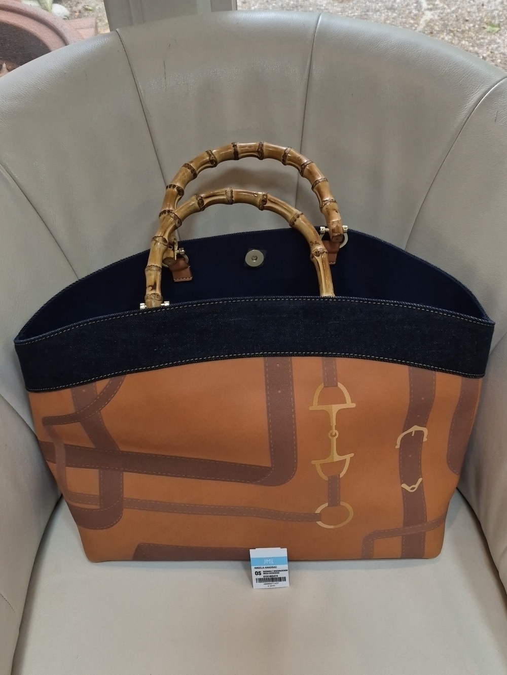 Structured Bamboo-Handle Tote in Cognac and Navy NWT!!!